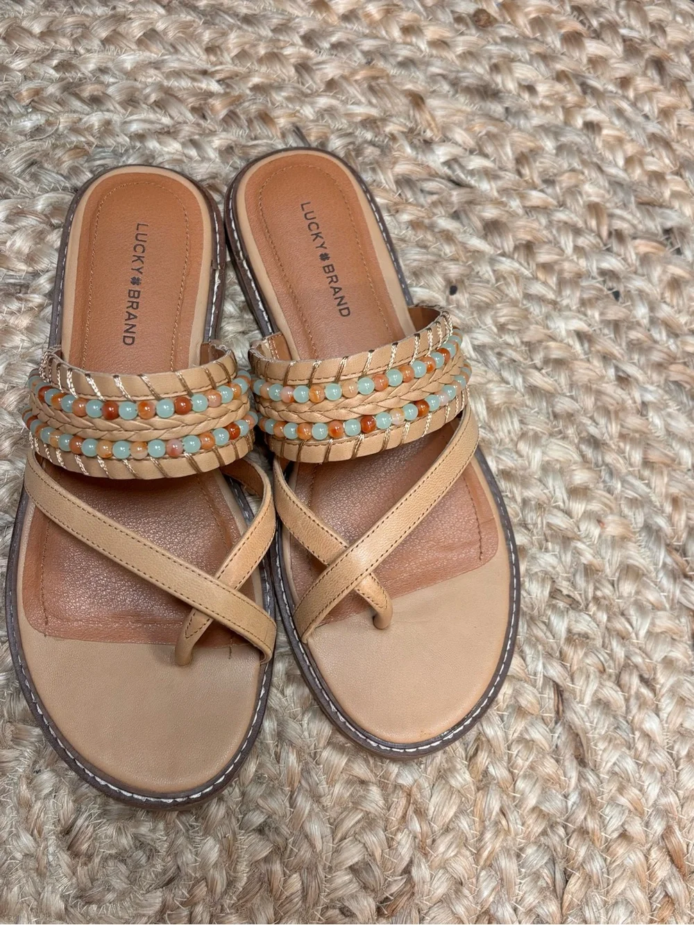 Lucky Brand Tan Beaded Leather Slide Sandals - Picture 2 of 7
